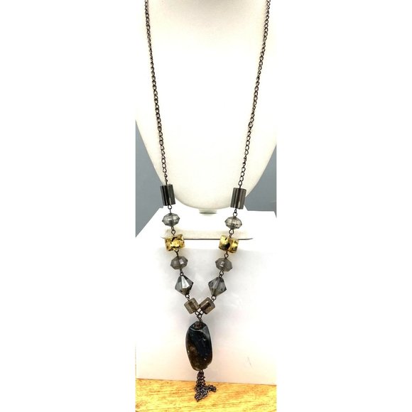 Vintage Confetti Lucite Pendant Necklace on Silver Tone Chain with Chunky Tassel - Picture 2 of 5